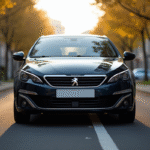 Peugeot 308 GT Line stationnee en banlieue sous jour doux
