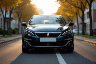 Peugeot 308 GT Line stationnee en banlieue sous jour doux