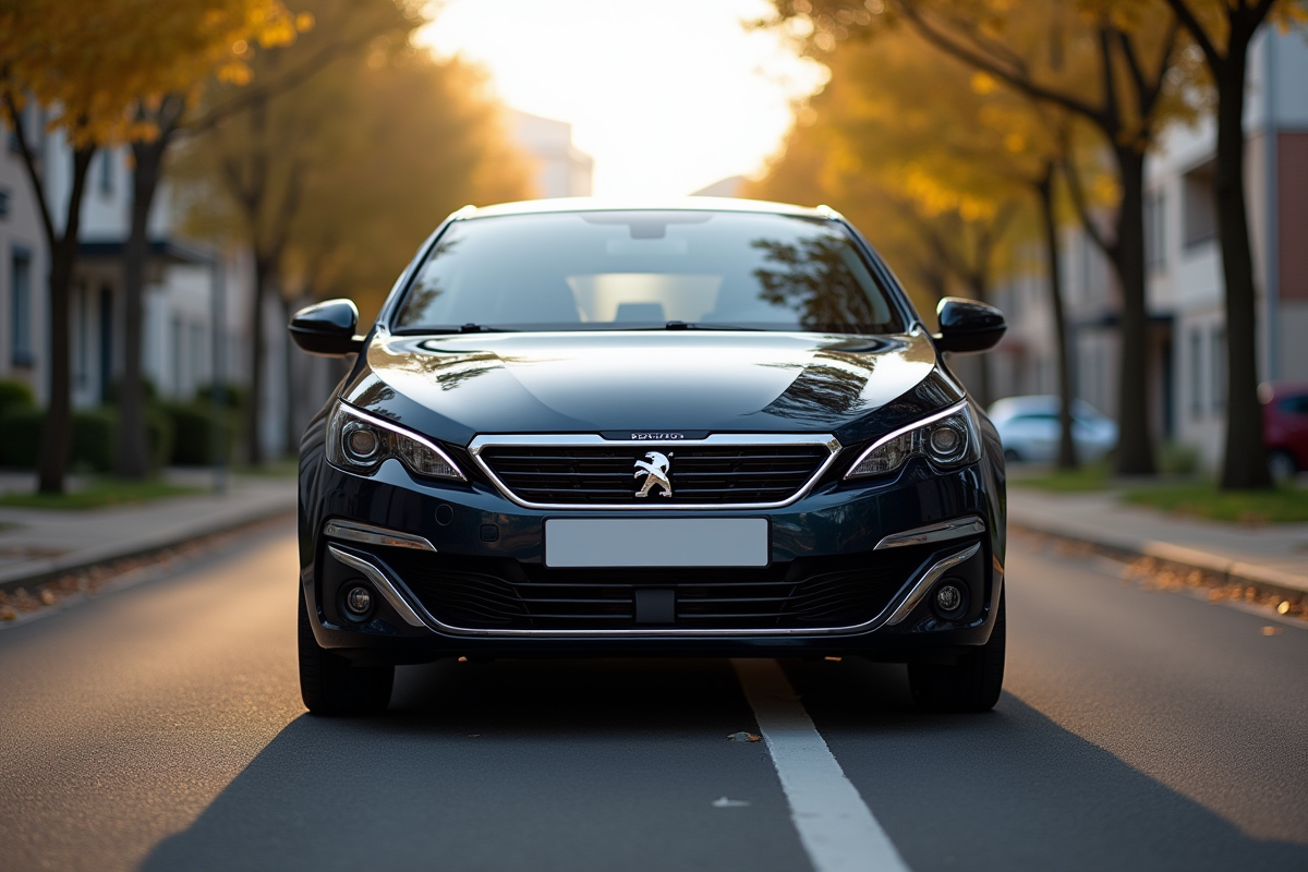 Peugeot 308 GT Line stationnee en banlieue sous jour doux