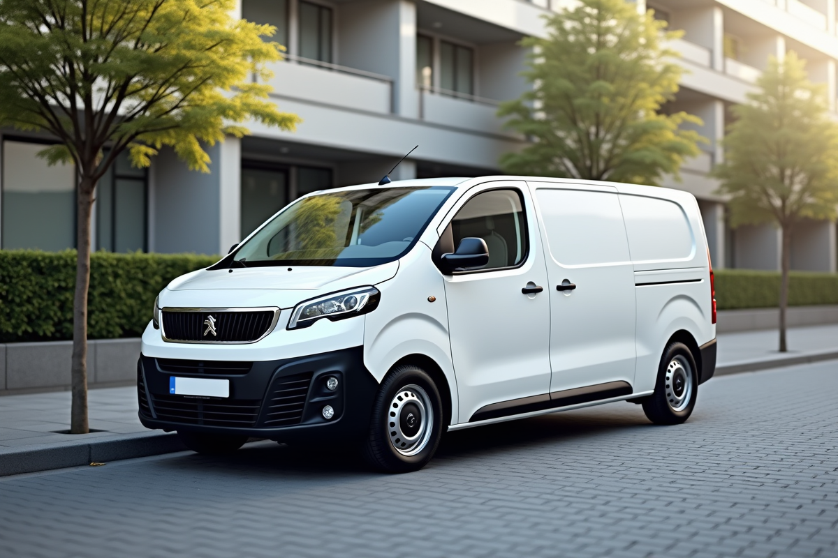 Véhicule Peugeot Expert blanc en environnement urbain lumineux