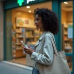 Femme lisant les horaires étendus affichés sur la vitrine d'une pharmacie ouverte à Montpellier en soirée