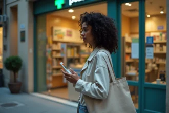 Femme lisant les horaires étendus affichés sur la vitrine d'une pharmacie ouverte à Montpellier en soirée