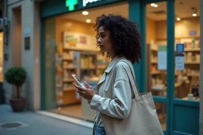 Femme lisant les horaires étendus affichés sur la vitrine d'une pharmacie ouverte à Montpellier en soirée