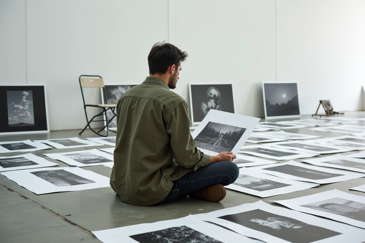 Photojournaliste masculin arrangeant des tirages noir et blanc sur le sol d'un espace d'exposition lors d'une séquence d'édition photographique