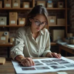 Photographe femme examinant des planches-contacts sur une table d'archives en bois, entourée de négatifs et de boîtes d'archives étiquetées dans un studio documentaire