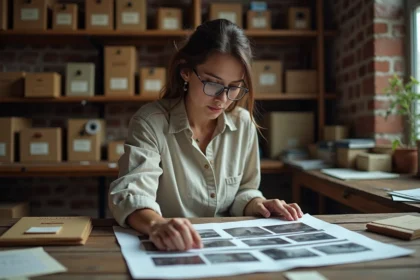 Photographe femme examinant des planches-contacts sur une table d'archives en bois, entourée de négatifs et de boîtes d'archives étiquetées dans un studio documentaire