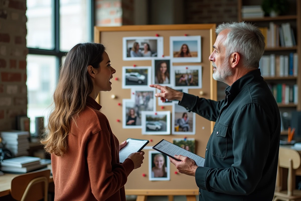 Deux photographes discutant d'une séquence narrative devant un tableau de direction artistique couvert de tirages et de notes dans un bureau éditorial