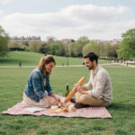 Jeune couple pique-niquant dans le parc des ButtesChaumont à Paris