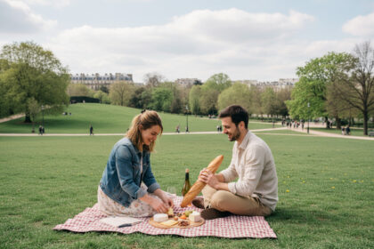 Jeune couple pique-niquant dans le parc des ButtesChaumont à Paris