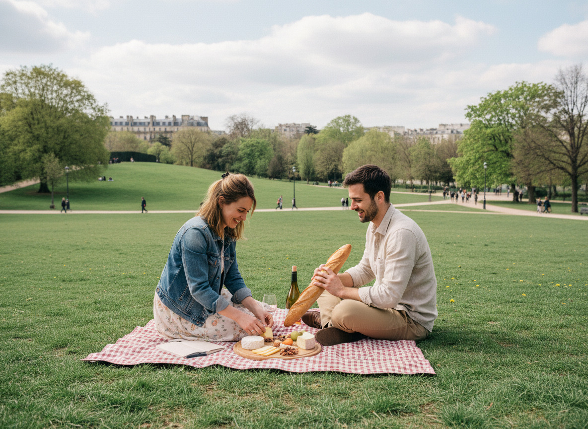 Jeune couple pique-niquant dans le parc des ButtesChaumont à Paris