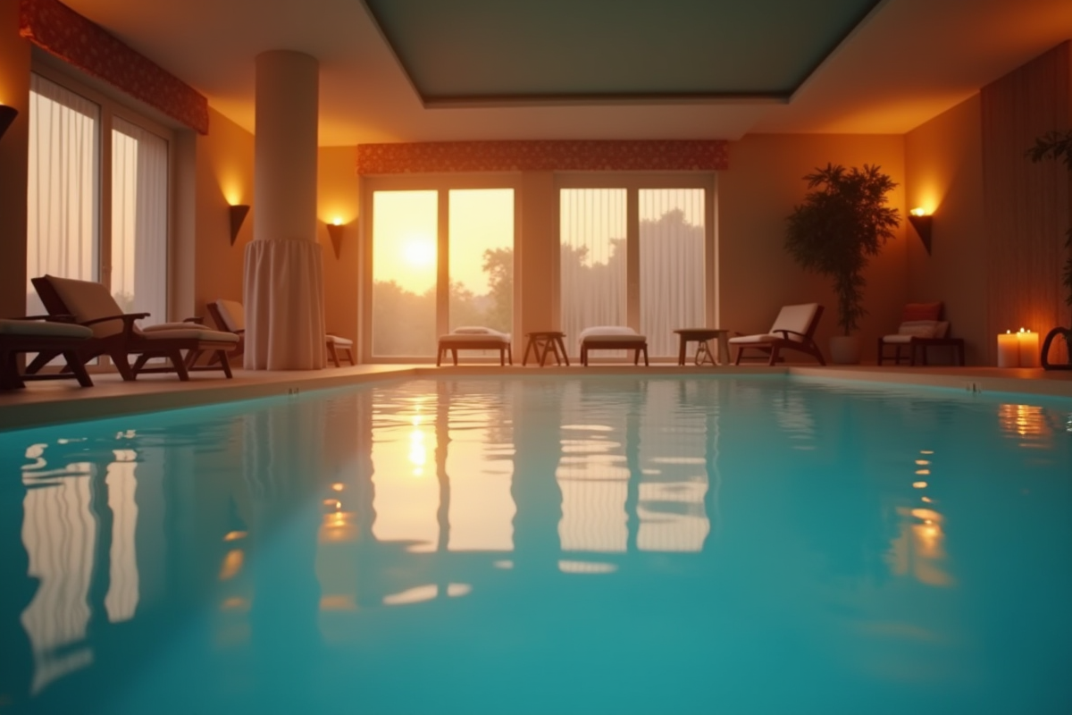 Piscine intérieure chaleureuse en Normandie avec lumière douce