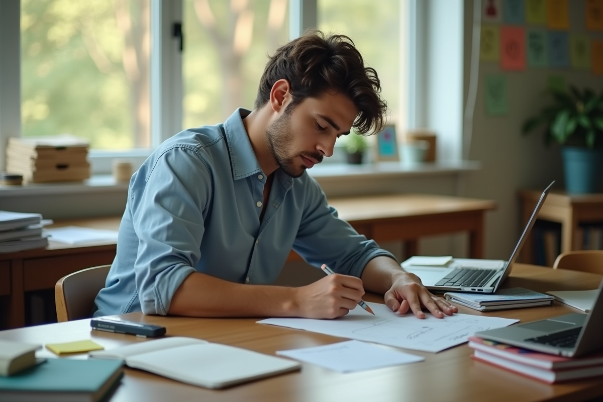 Jeune enseignant planifiant dans un bureau organisé
