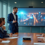 Homme en costume bleu utilisant un projecteur compact en réunion