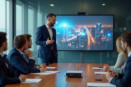 Homme en costume bleu utilisant un projecteur compact en réunion