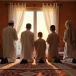 Famille musulmane multigénérationnelle en train de prier ensemble lors de la prière de Maghreb au coucher du soleil dans un salon traditionnel