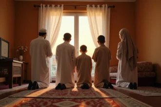 Famille musulmane multigénérationnelle en train de prier ensemble lors de la prière de Maghreb au coucher du soleil dans un salon traditionnel