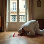 Homme musulman en djellaba blanche effectuant la prière sur un tapis de prière dans un appartement parisien du 19ème arrondissement avec vue sur cour haussmannienne