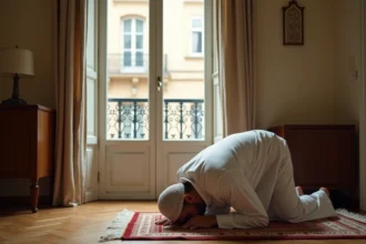 Homme musulman en djellaba blanche effectuant la prière sur un tapis de prière dans un appartement parisien du 19ème arrondissement avec vue sur cour haussmannienne