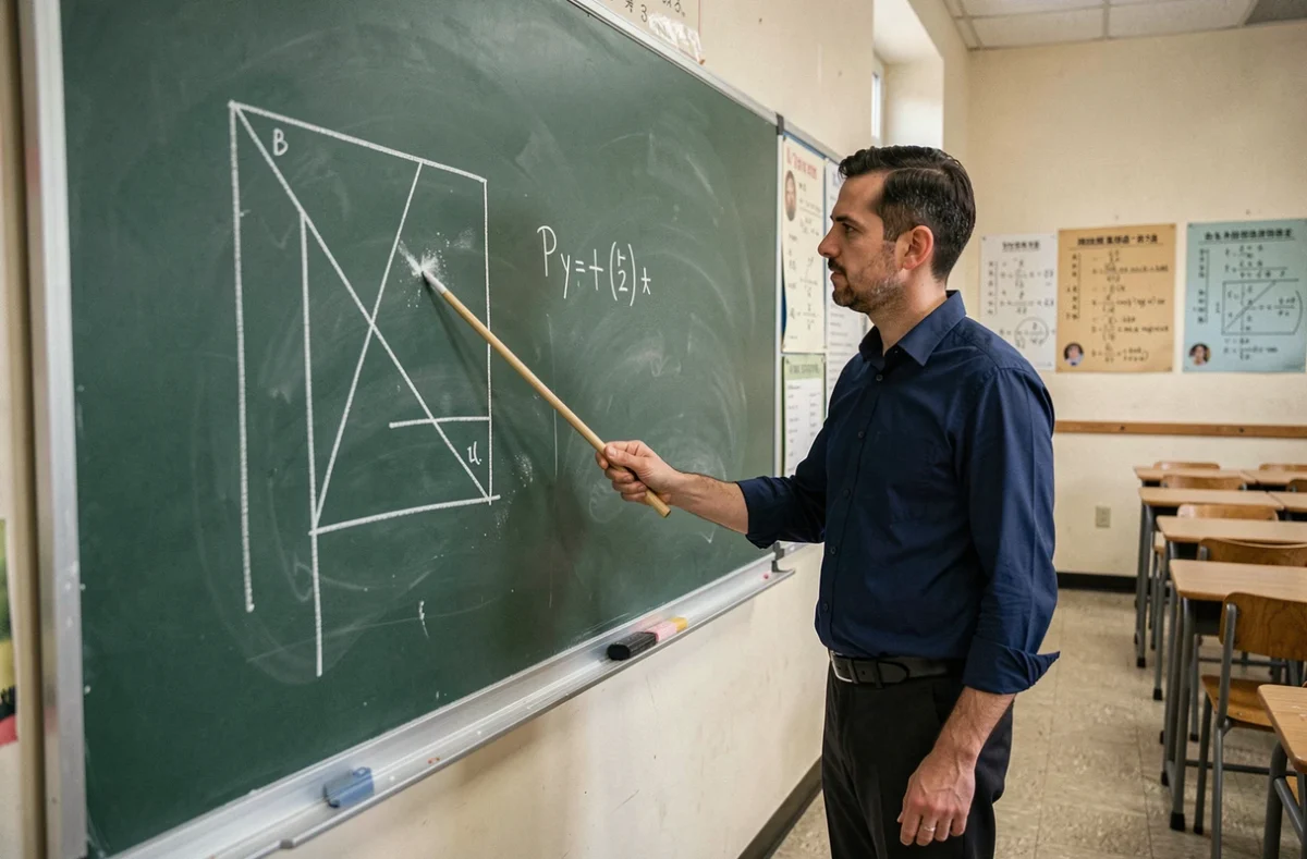 Professeur de mathématiques debout devant un tableau vert montrant le tracé de la diagonale d'un rectangle avec la formule de Pythagore écrite à la craie