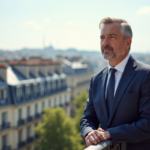 Agent immobilier français sur un balcon parisien en costume bleu