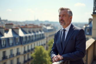 Agent immobilier français sur un balcon parisien en costume bleu