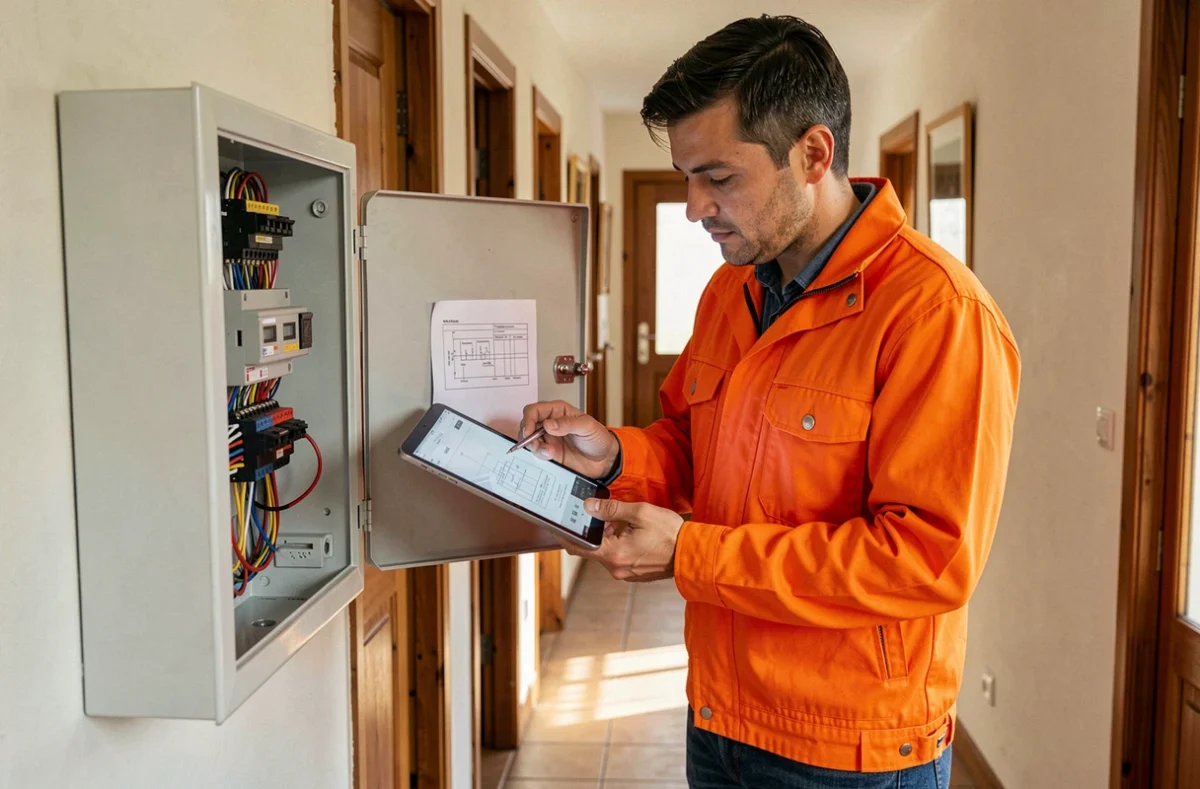 Électricien RãMã Elec consultant un schéma électrique sur tablette dans un couloir résidentiel à Argenteuil