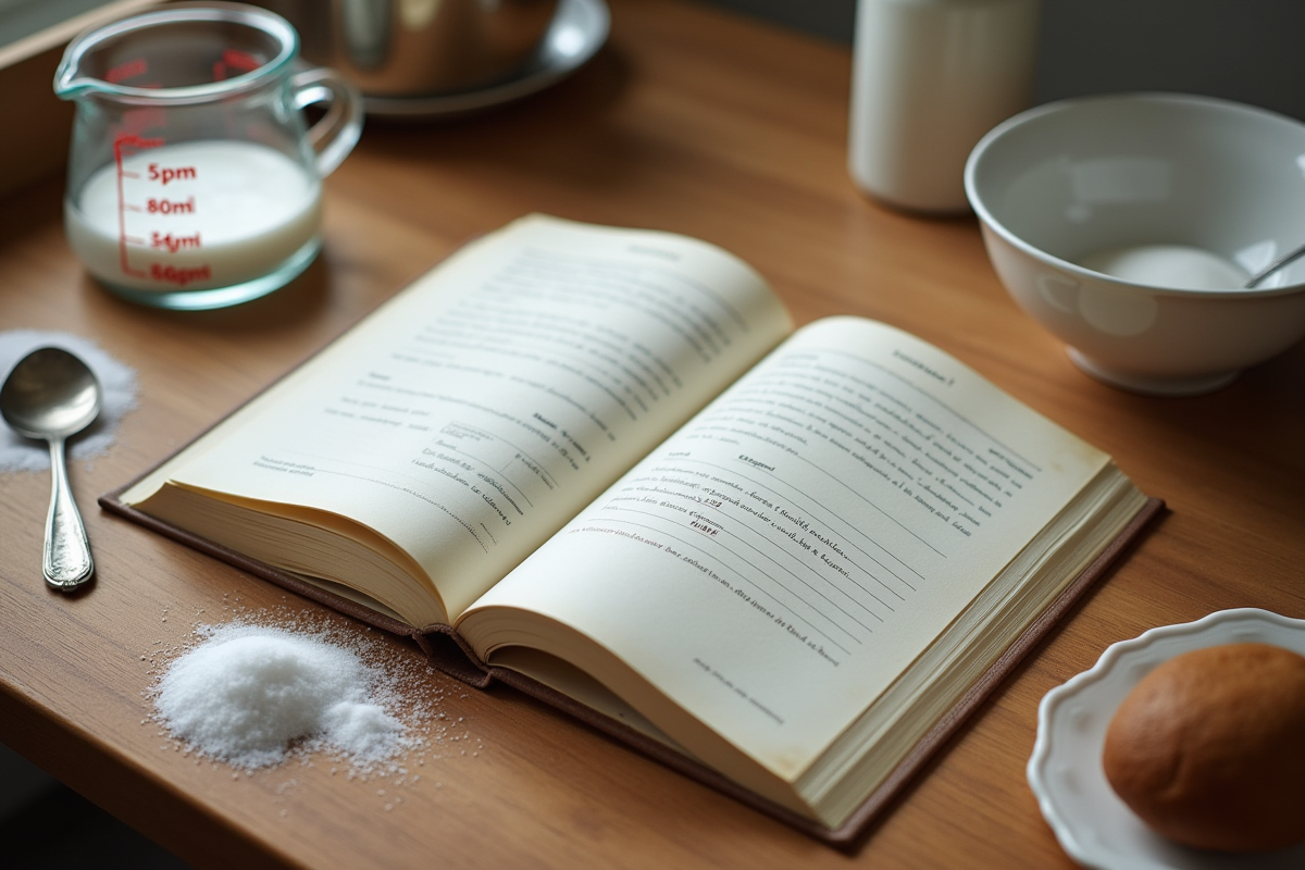 Livre de recettes ouvert avec ustensiles de cuisine et sucre