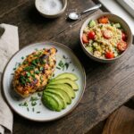 Assiette de poulet grillé aux herbes avec quinoa et avocat, riche en protéines, sur une table en bois rustique
