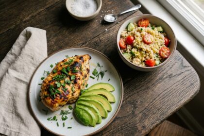 Assiette de poulet grillé aux herbes avec quinoa et avocat, riche en protéines, sur une table en bois rustique