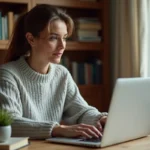 Femme consultant les pages blanches inversées sur un ordinateur portable dans un bureau à domicile