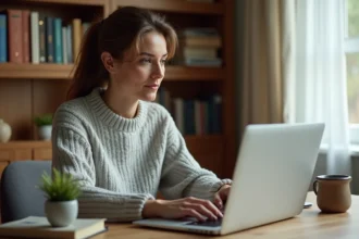 Femme consultant les pages blanches inversées sur un ordinateur portable dans un bureau à domicile