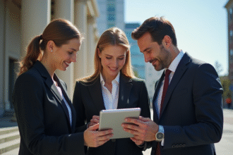 Trois personnes en tenue formelle autour d'une tablette en extérieur