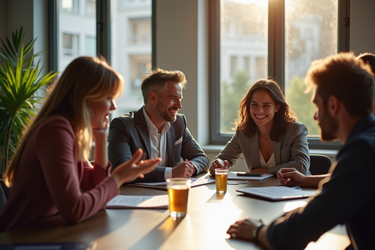 Equipe diverse en réunion pour stratégie marketing à Rennes