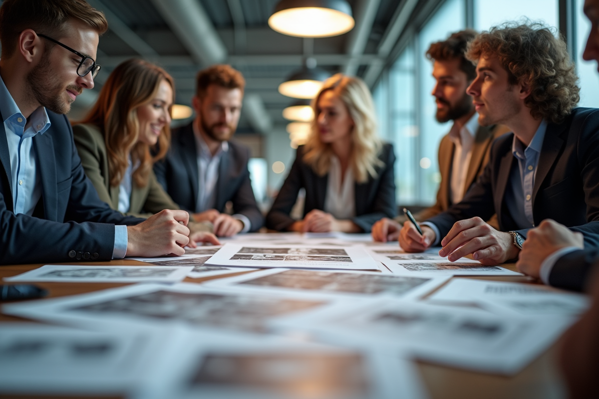 Réunion marketing avec professionnels examinant des échantillons d affiches