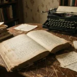Roman ouvert sur un bureau d'écrivain encombré avec machine à écrire vintage et notes manuscrites illustrant Speed fiction de Jerry Stahl