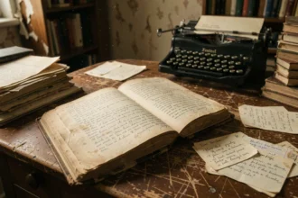 Roman ouvert sur un bureau d'écrivain encombré avec machine à écrire vintage et notes manuscrites illustrant Speed fiction de Jerry Stahl