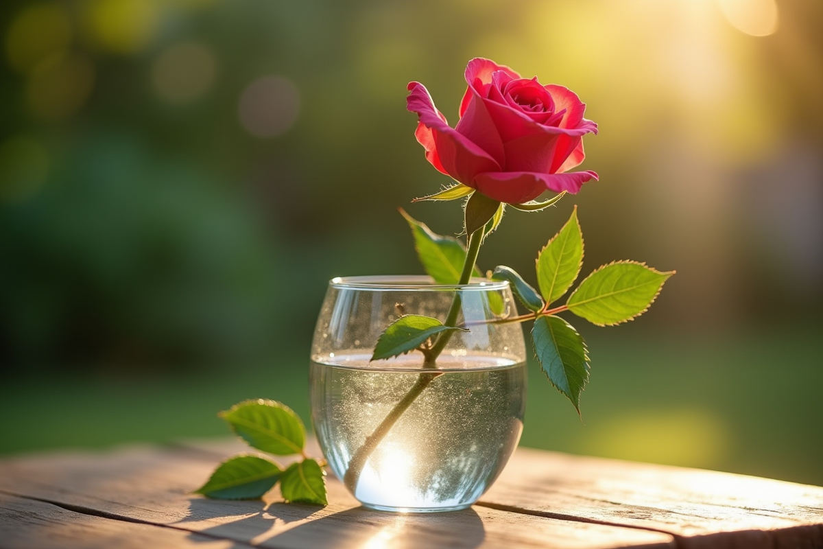 Tige de rosier fraîche placée dans un vase d