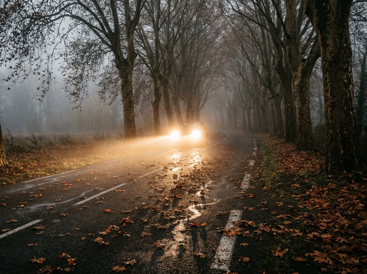Route de nuit brumeuse bordée de platanes en Anjou avec phares de voiture perçant le brouillard automnal