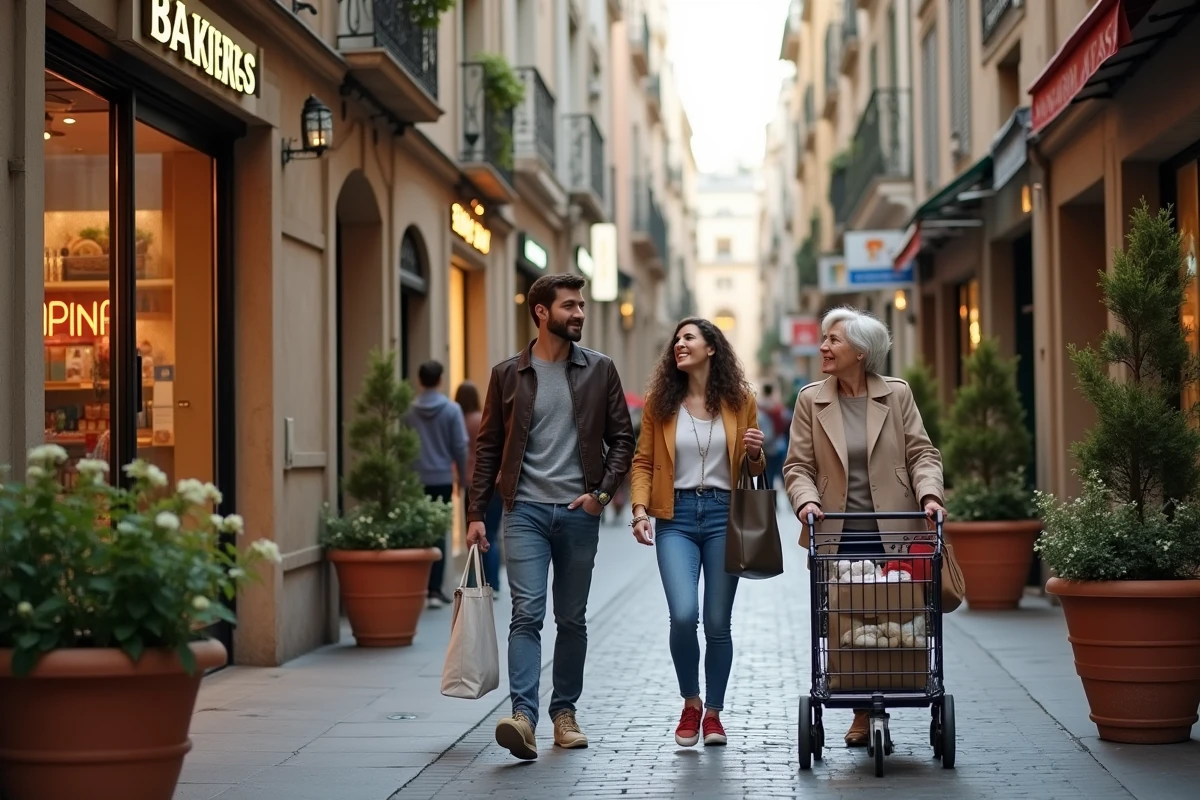 Rue commerçante de Montpellier avec plusieurs magasins ouverts en soirée et des passants faisant leurs achats