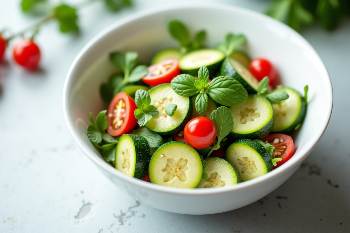 Salade saine de courgettes en bol blanc sur table claire
