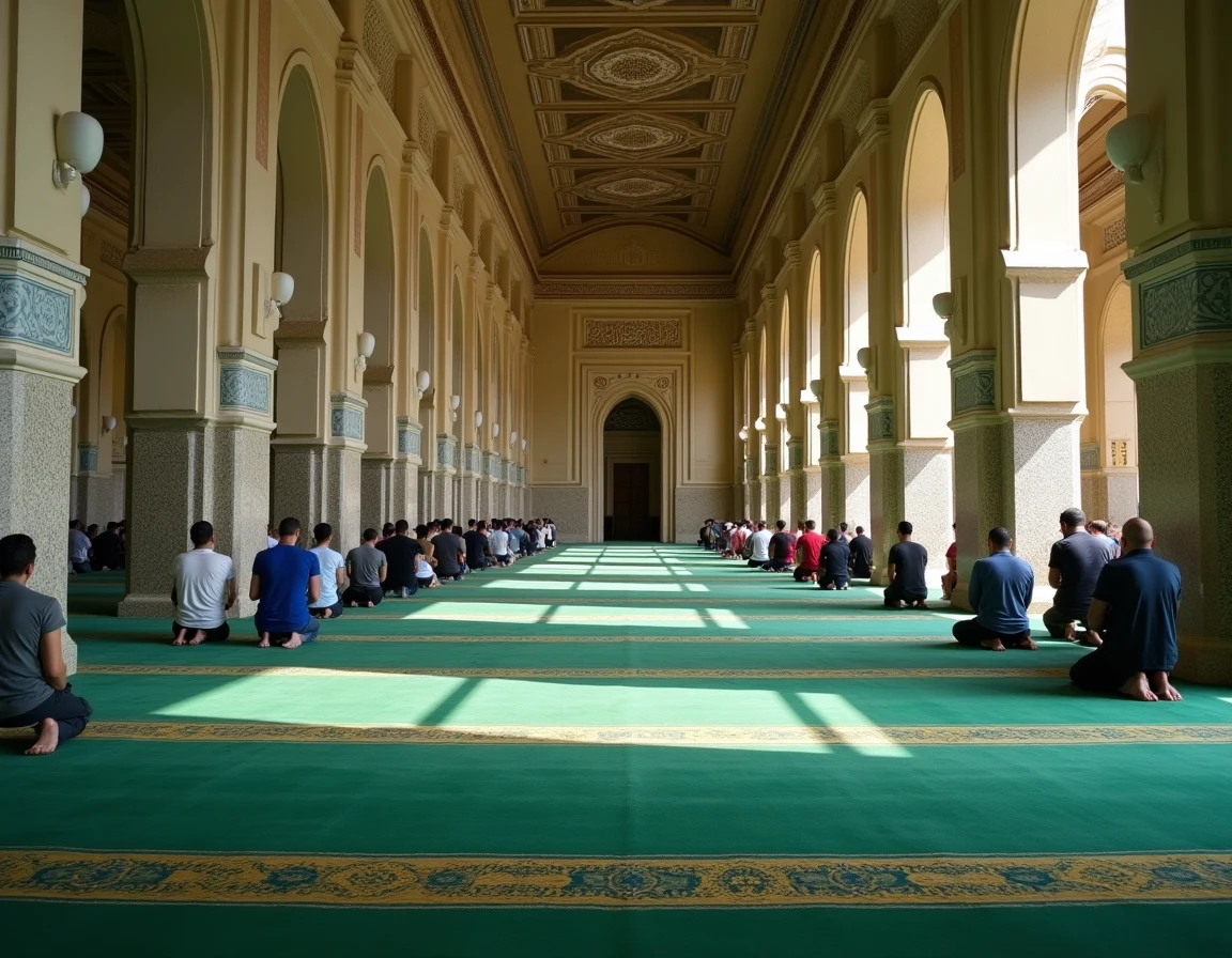 Intérieur d'une salle de prière de mosquée à Paris 19 avec des fidèles en prière sur des tapis alignés et une architecture islamique ornée de mosaïques et d'arabesques
