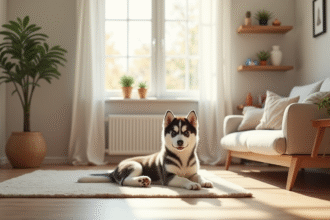 Salon lumineux et organisé pour un chiot husky