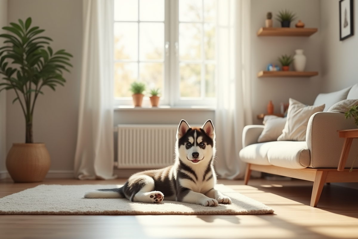 Salon lumineux et organisé pour un chiot husky