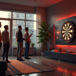 Salon moderne avec amis jouant au dart électronique lumineux