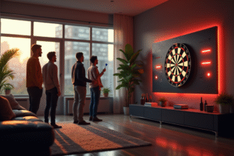 Salon moderne avec amis jouant au dart électronique lumineux