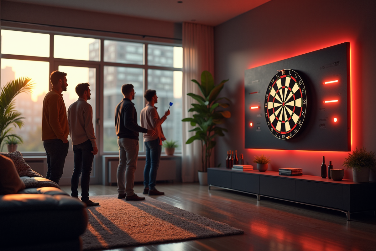 Salon moderne avec amis jouant au dart électronique lumineux