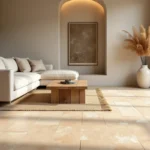 Salon moderne avec sol en travertin ivoire, canapé en lin et table basse en chêne pour une ambiance chaleureuse