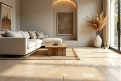 Salon moderne avec sol en travertin ivoire, canapé en lin et table basse en chêne pour une ambiance chaleureuse