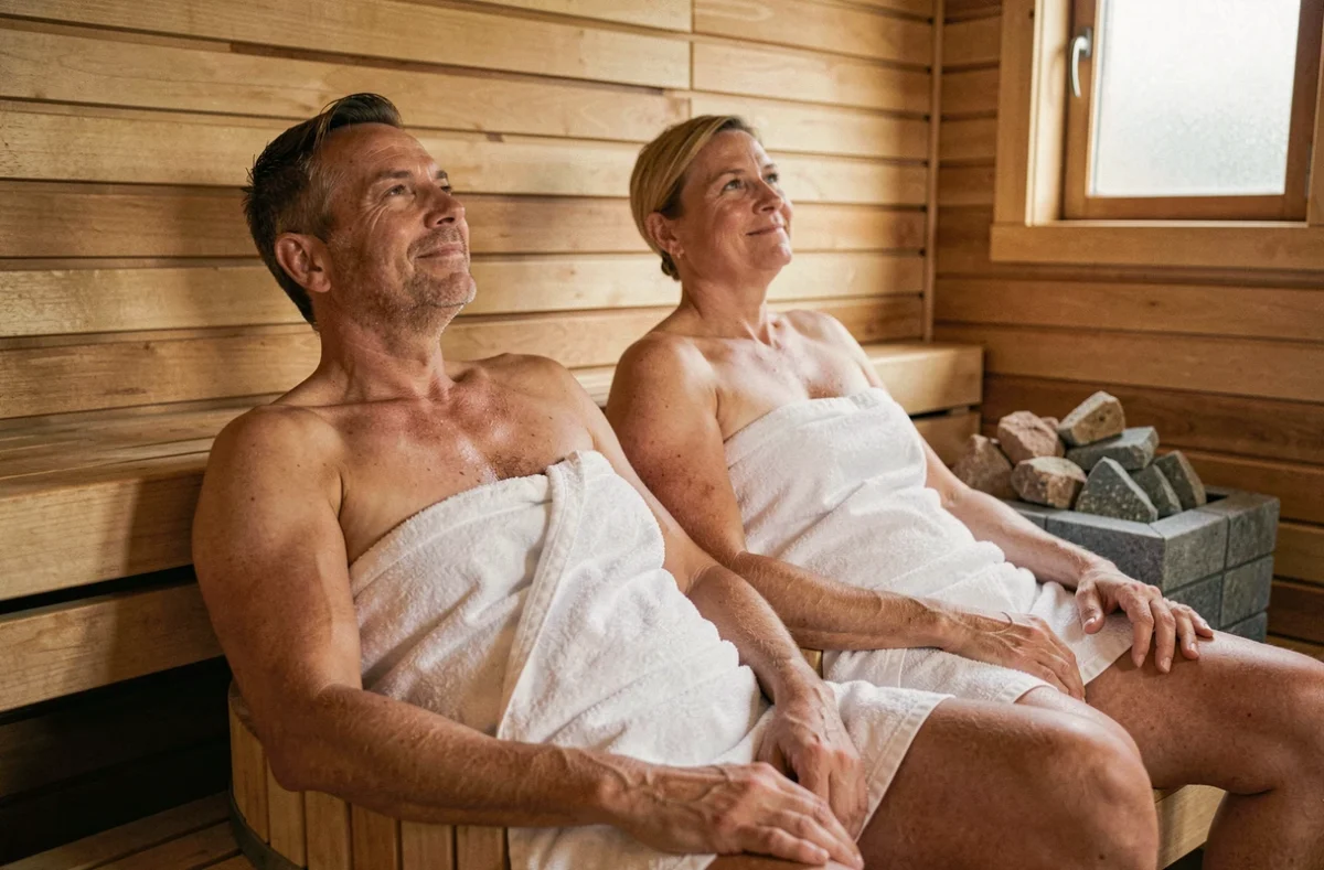 Couple se relaxant dans un sauna en bois privatif lors d'une séance bien-être en duo à Toulouse