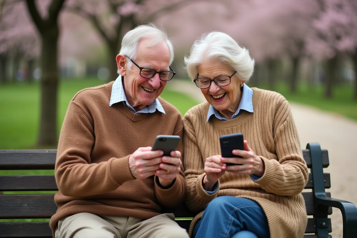 Deux amis seniors échangeant des messages de Joyeuses Pâques sur leur smartphone dans un parc fleuri